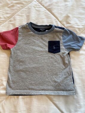 Ralph Lauren Boys Colorblock Pocket Tee - Gray with Red & Blue Sleeves